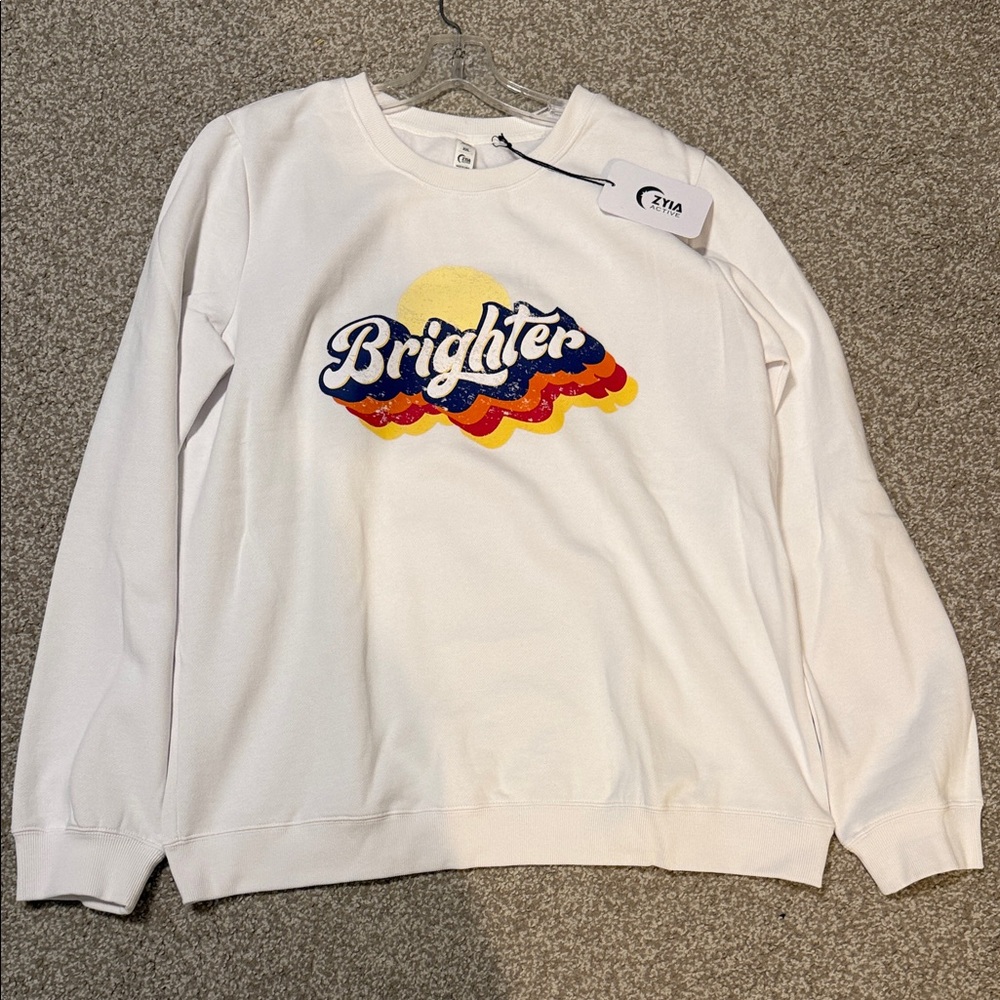 ZYIA White Crewneck Sweatshirt with Multicolor 'Brighter' Graphic